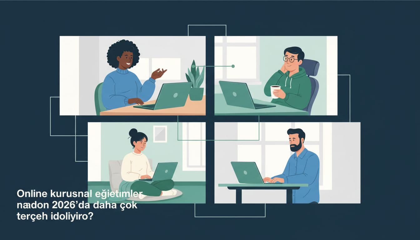 Four diverse people in separate home offices collaborate via laptops in video call frames.