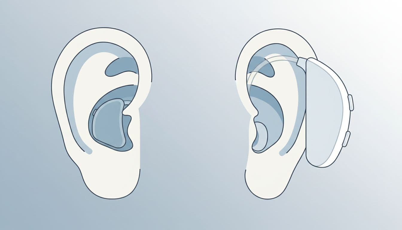 Close-ups of ear canal and behind-the-ear hearing aids next to human ear illustrations on neutral background.