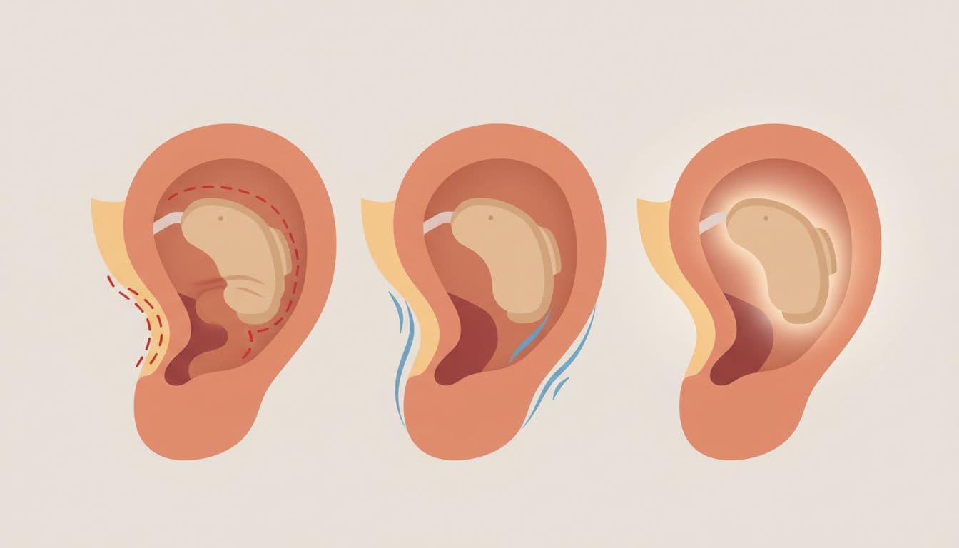 Cross-sections of narrow, wide, and average ear canals with small hearing aids, showing fit challenges in narrow canal.