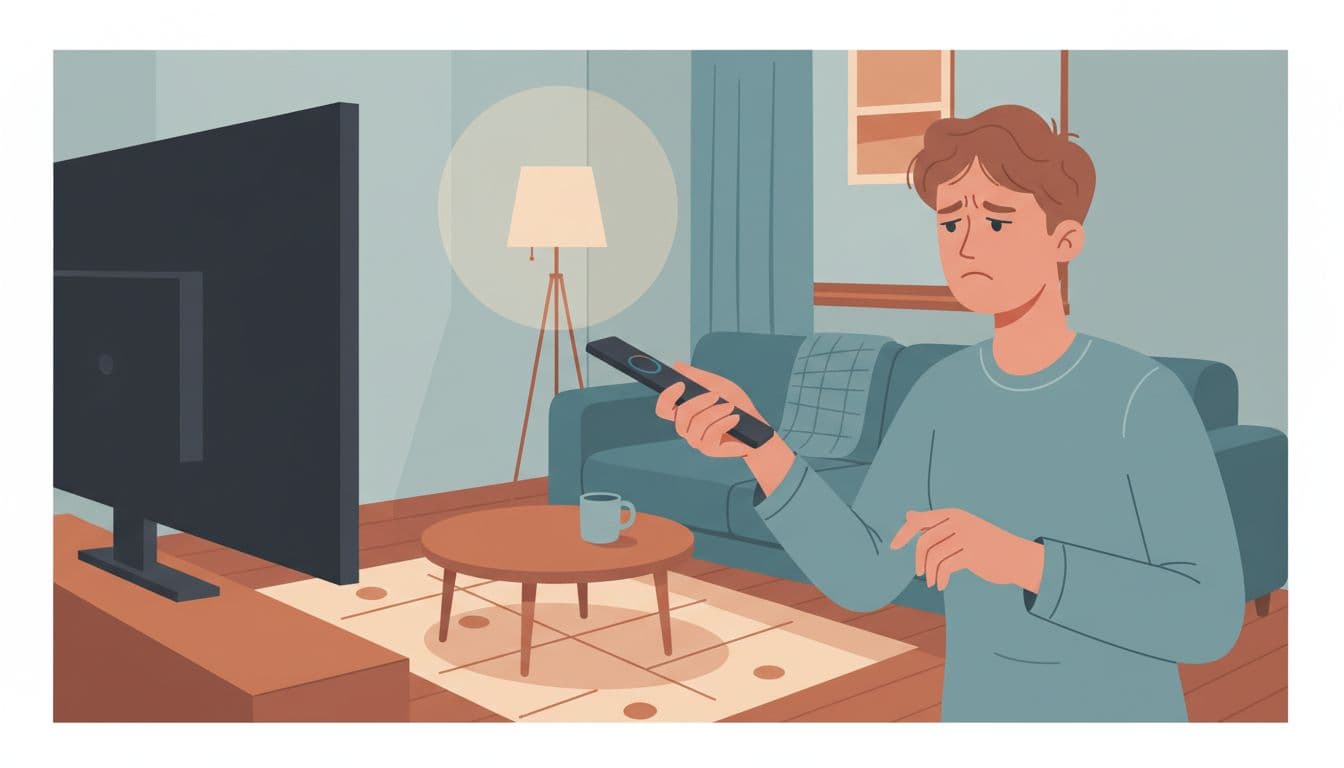 Modern illustration of a frustrated person alone in a cozy living room during evening light, raising the TV remote to increase volume with relaxed hands, using clean shapes and soft blues and earth tones.