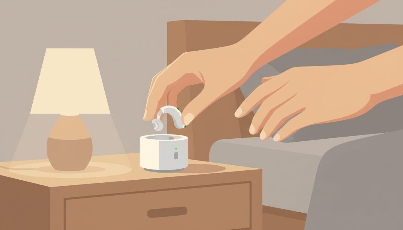 Person with relaxed hands places rechargeable hearing aid on nightstand charging dock in simple bedroom.