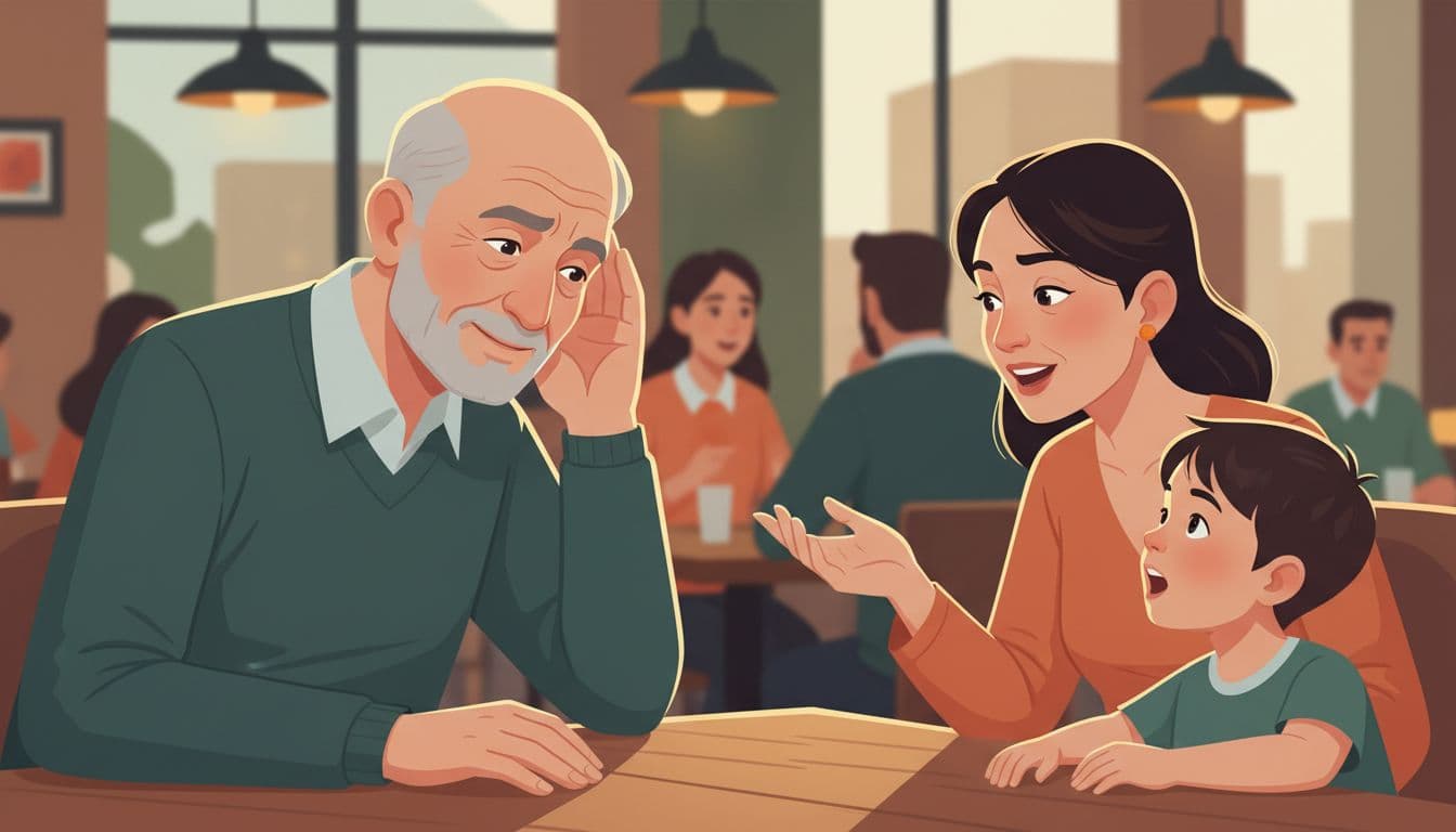 Elderly Turkish man leans forward with subtle confusion and mild smile to hear woman and child at crowded restaurant table.