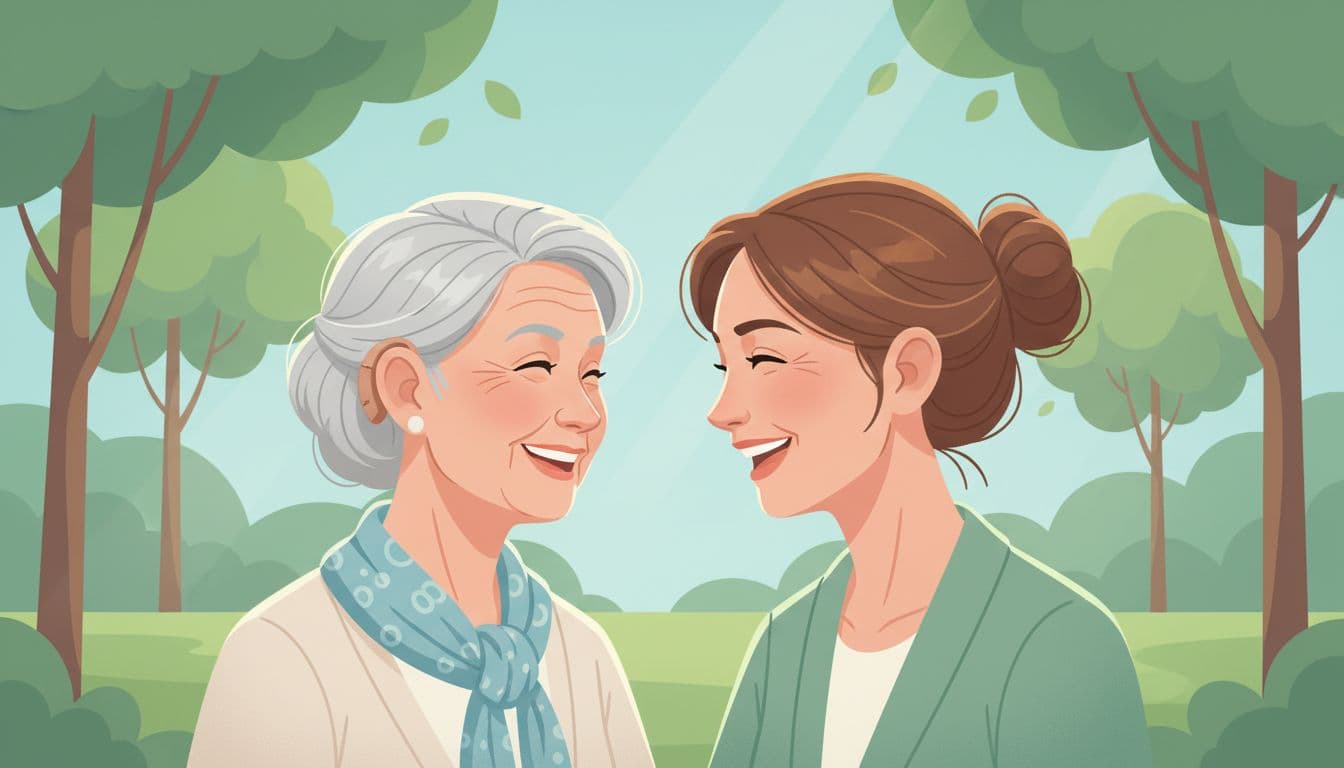 Elderly woman with small hearing aid behind ear happily chats face-to-face with adult daughter in park, both smiling with eye contact.