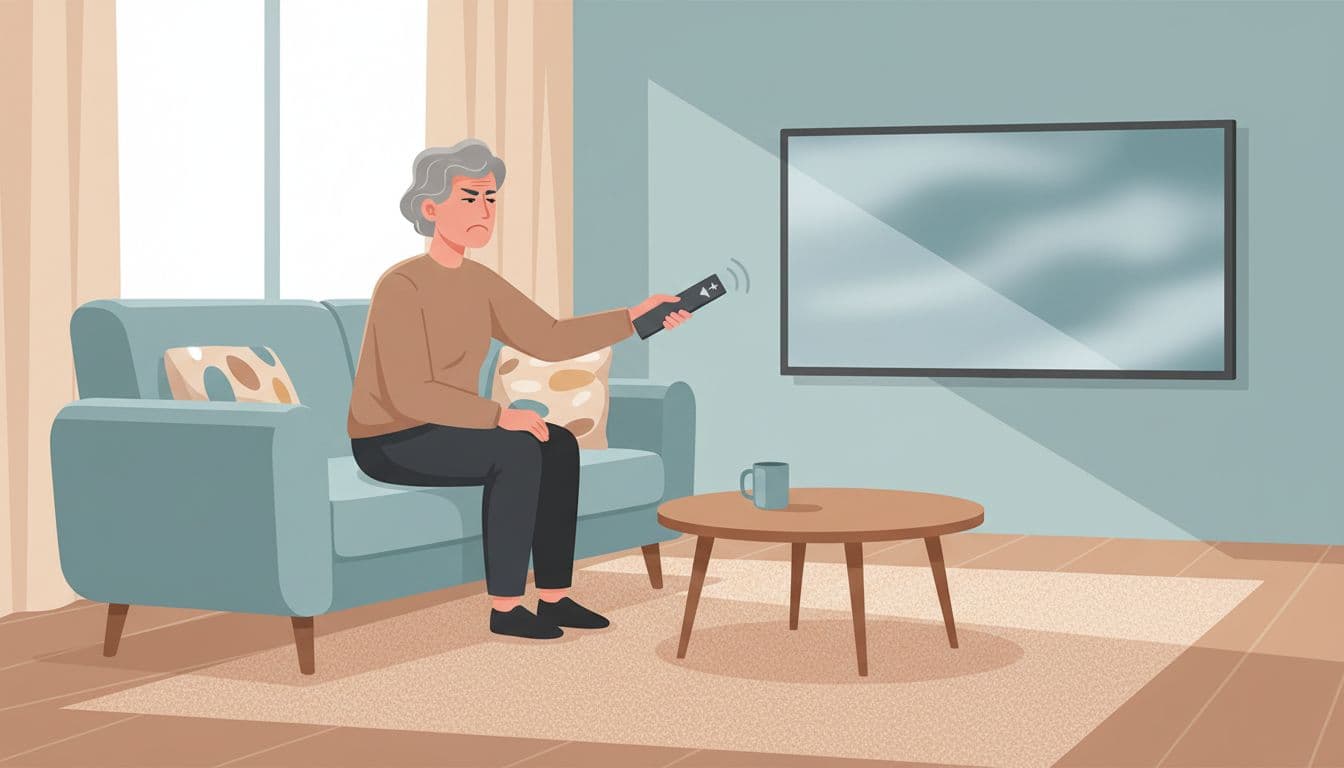 Modern illustration of a middle-aged person sitting on a sofa in a cozy living room, raising the TV remote with a frustrated expression to turn up the volume while watching TV, highlighting a common hearing loss symptom.