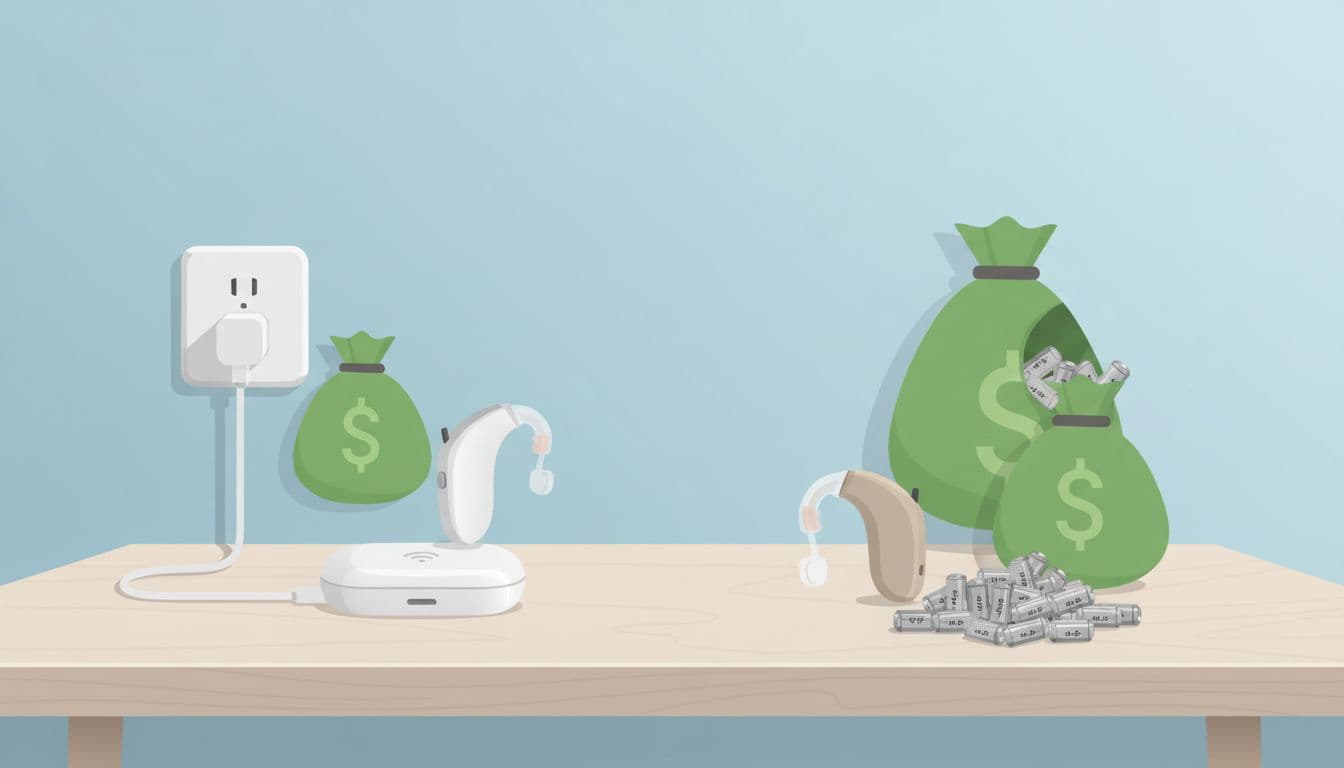 Rechargeable hearing aid with charger and money bag icon beside battery hearing aid with batteries pile and another money bag on a simple desk.