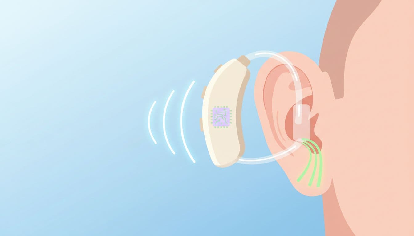Cross-section of ear with behind-ear hearing aid showing microphone capturing sound waves, processor amplifying frequencies, and speaker delivering sound.