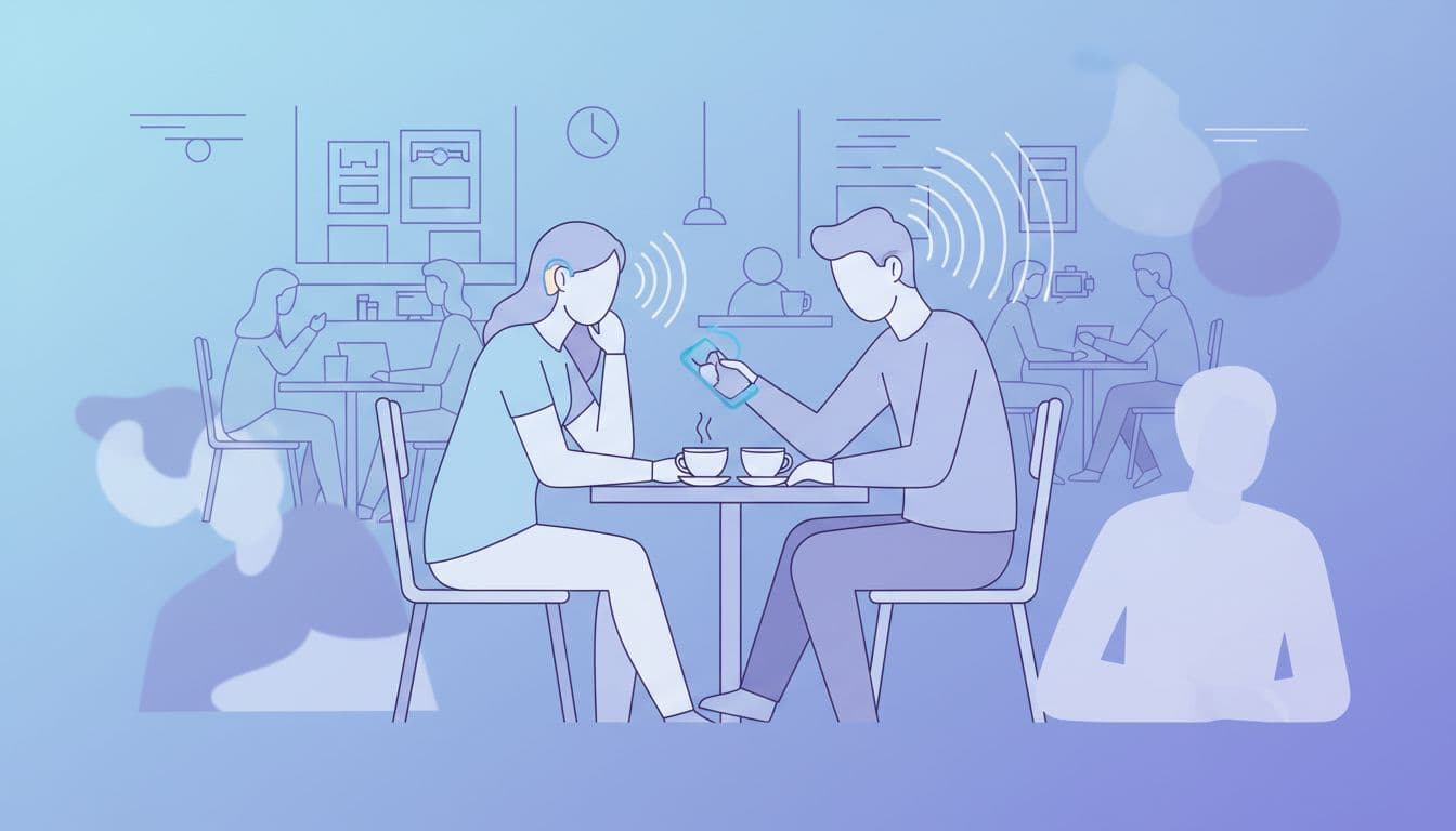 Person with behind-the-ear hearing aid focuses on blurred partner across cafe table, phone nearby.