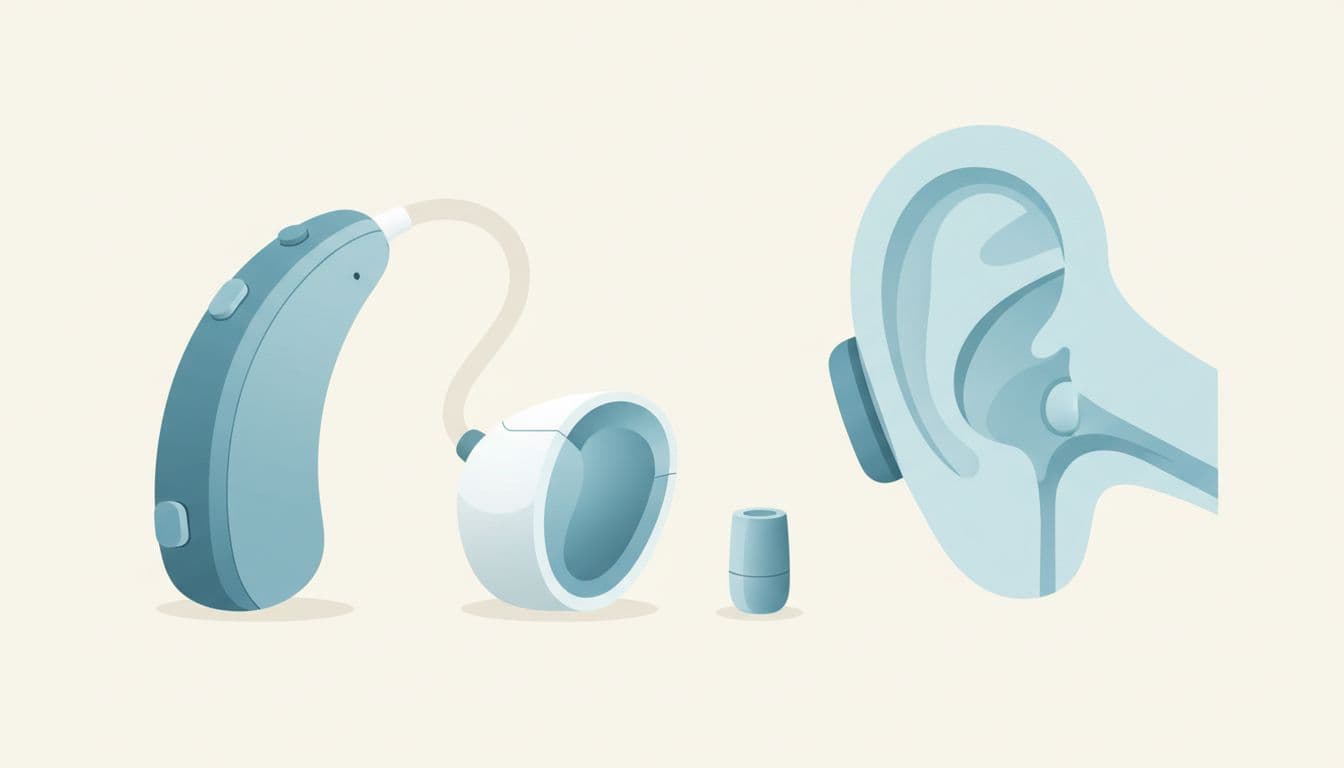 Behind-the-ear, in-the-ear, and completely-in-canal hearing aids on neutral surface next to human ear diagram.