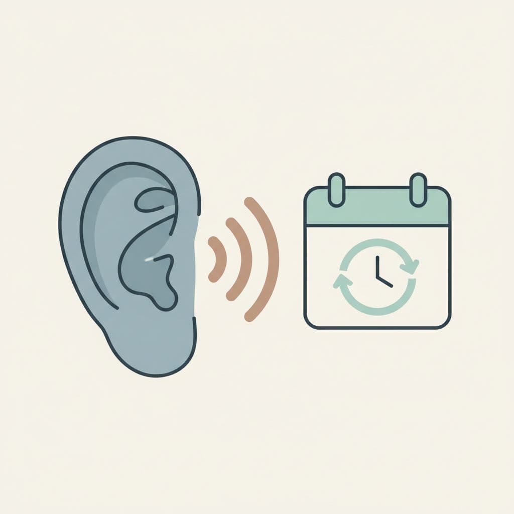 Modern illustration featuring a close-up of a human ear with subtle icons of loudspeaker waves for noise exposure and a calendar for aging, symbolizing primary causes of hearing loss, in soft blues and earth tones on a neutral background.
