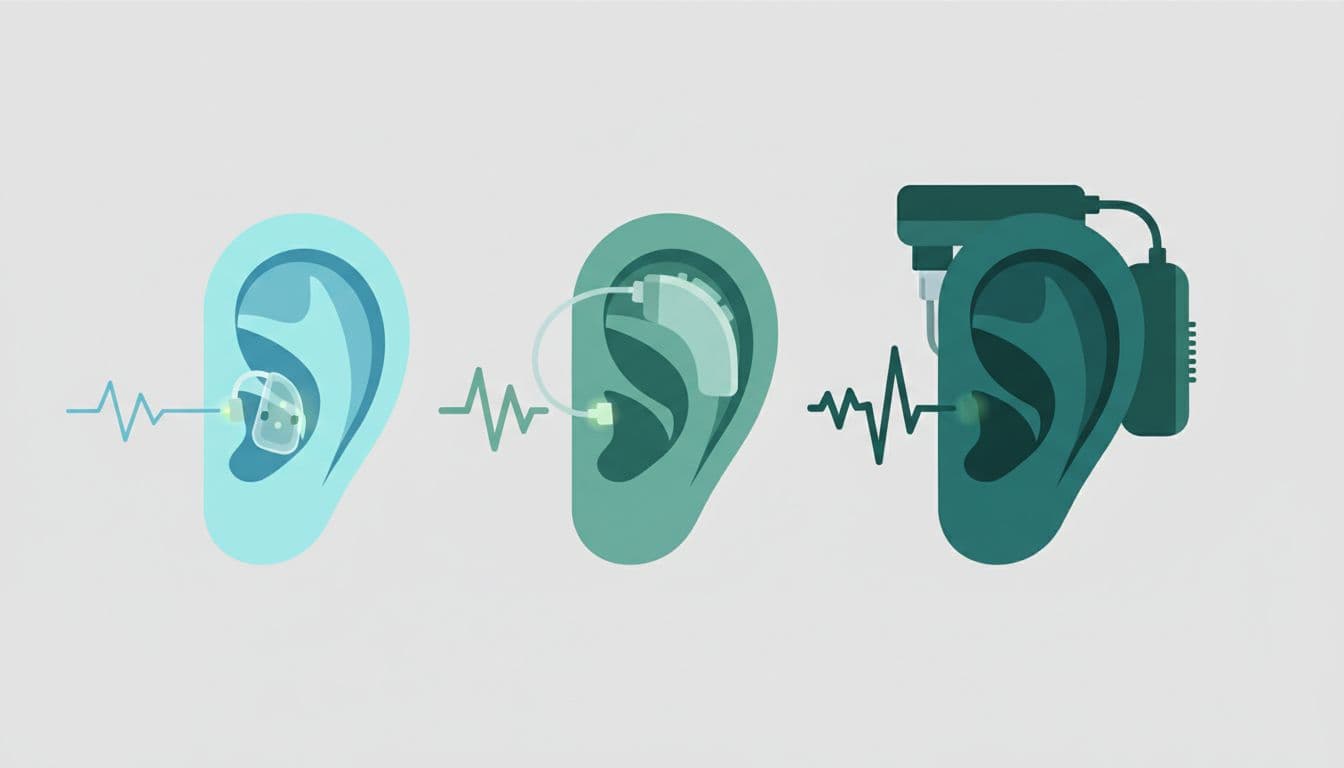 Three side-by-side ear illustrations depict light, moderate, and severe hearing loss with fitted hearing aids and entering sound waves.
