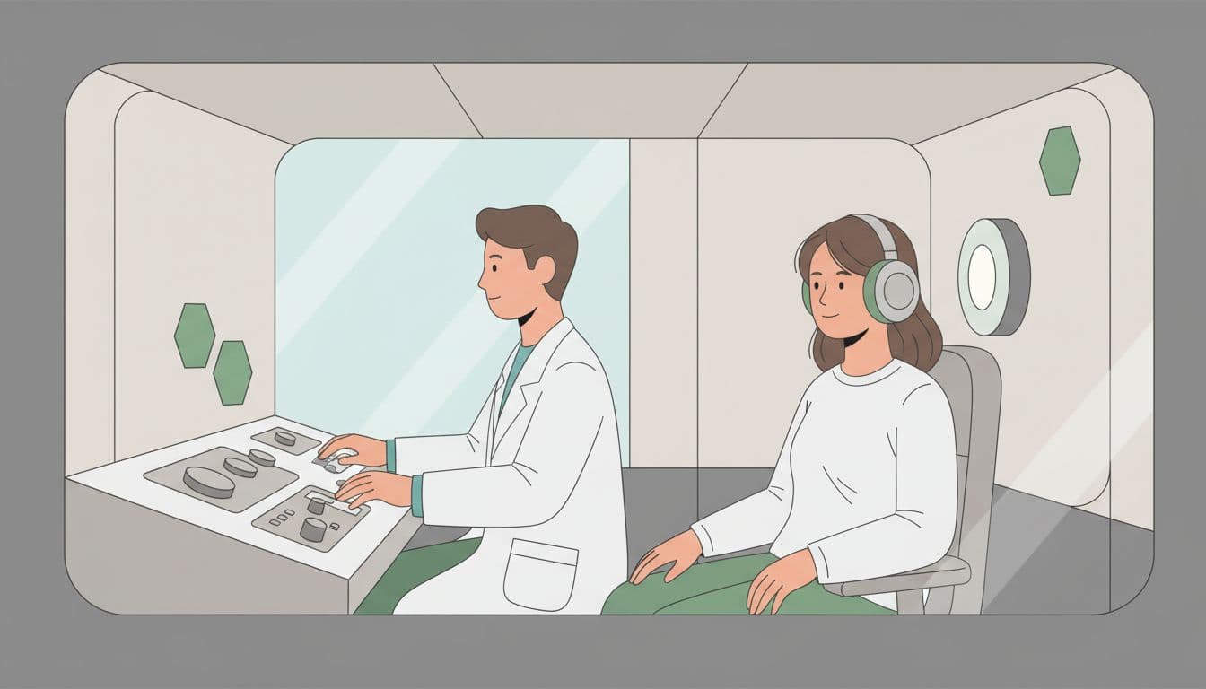 Modern illustration of a person undergoing a hearing test in a soundproof booth, wearing headphones with a focused expression, as an audiologist adjusts equipment nearby. Features clean shapes, neutral tones with green accents, simple composition, and soft lighting.