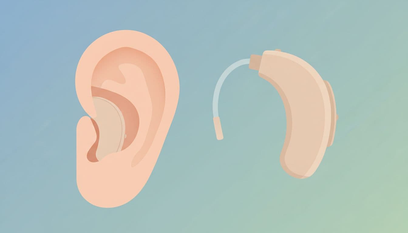Close-up of human ear showing small in-the-ear hearing aid inside canal next to larger behind-the-ear model.