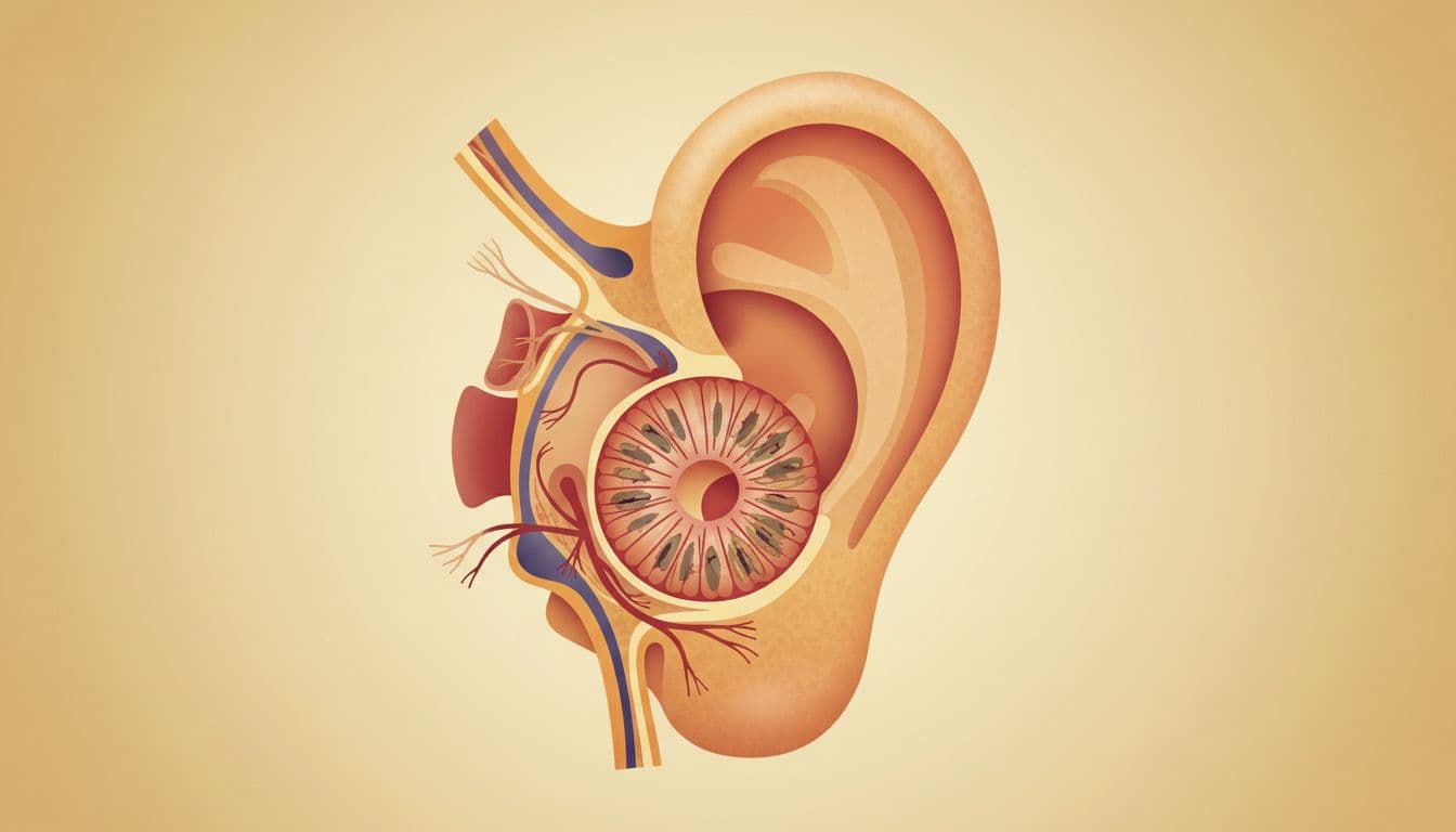 Cross-section of human inner ear showing worn hair cells in cochlea and subtle auditory nerve degeneration with yellowing tones.