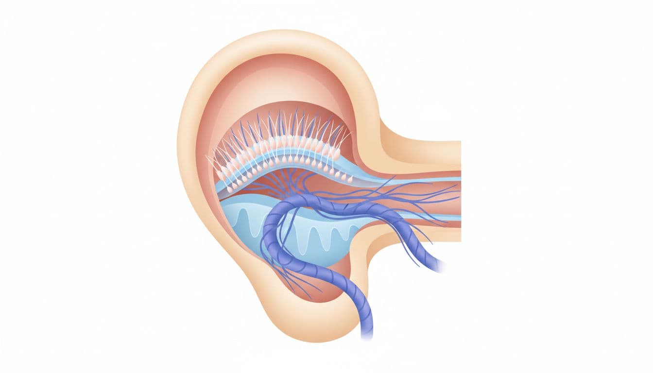 Cross-section view of human inner ear showing hair cells and auditory nerve in a clean, modern illustration with soft blue and pink tones.