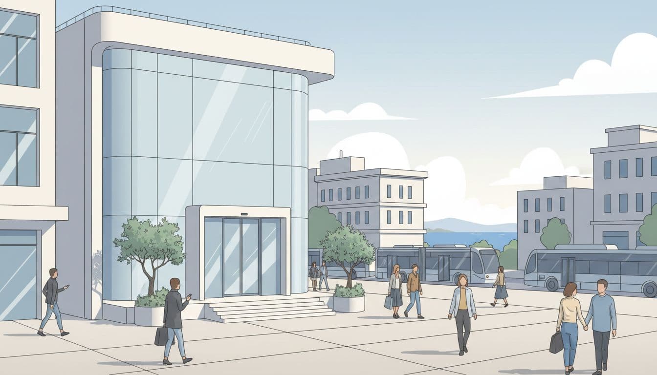 Busy Izmir street scene shows welcoming modern hearing clinic storefront with accessible entrance and pedestrians passing by.