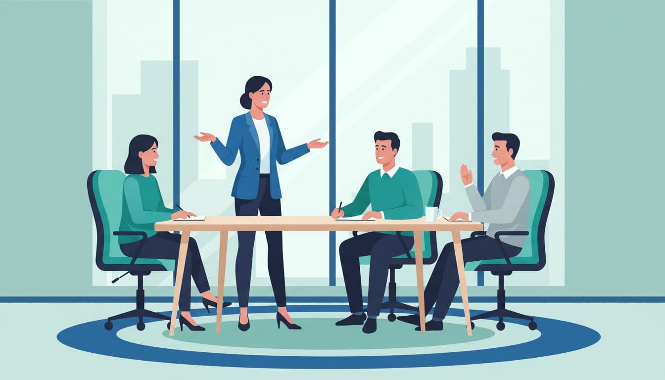 One professional stands gesturing naturally while presenting to three seated colleagues in a modern office with window light.
