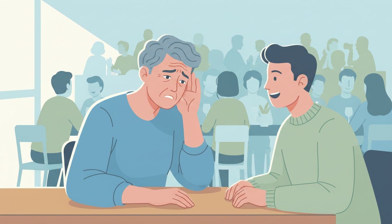 Middle-aged person cups hand to ear with subtle confusion, trying to hear blurred friend across table in busy restaurant.
