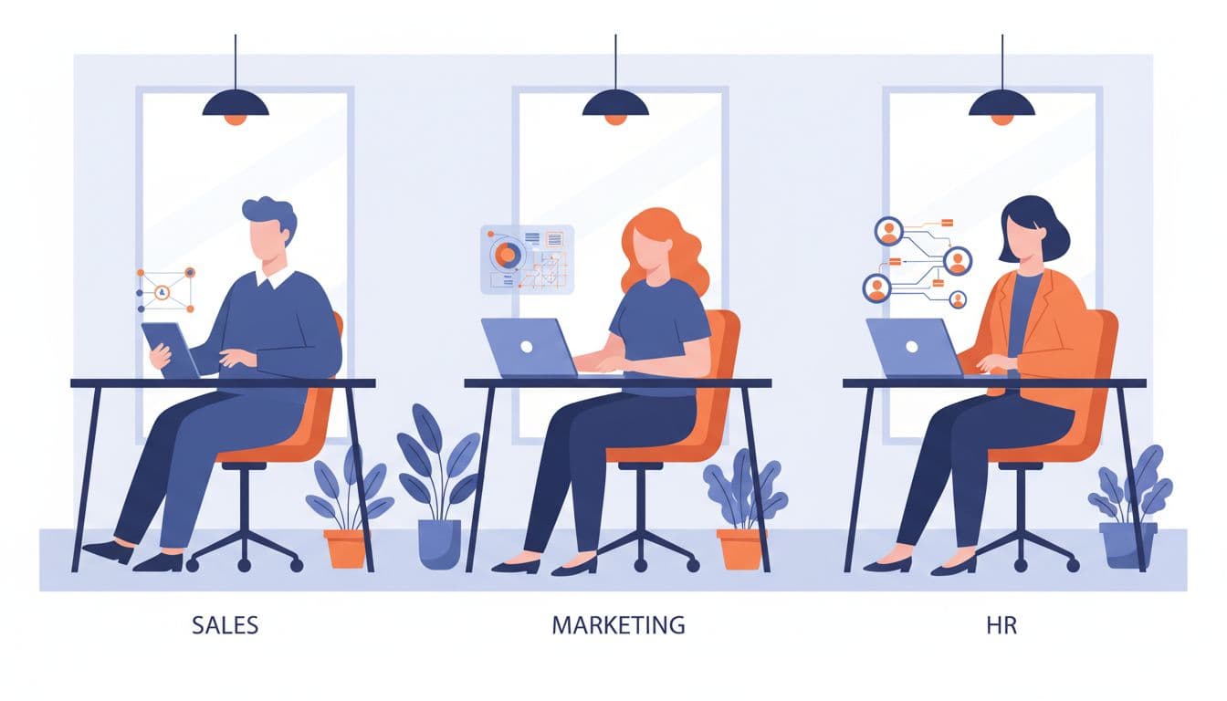 Three office workers use laptops relaxedly in a bright workspace.