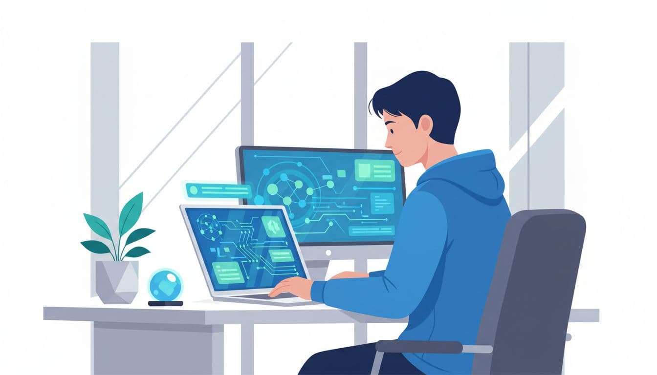 Person at laptop engages in online AI training with indirect practice exercises in clean focused space.