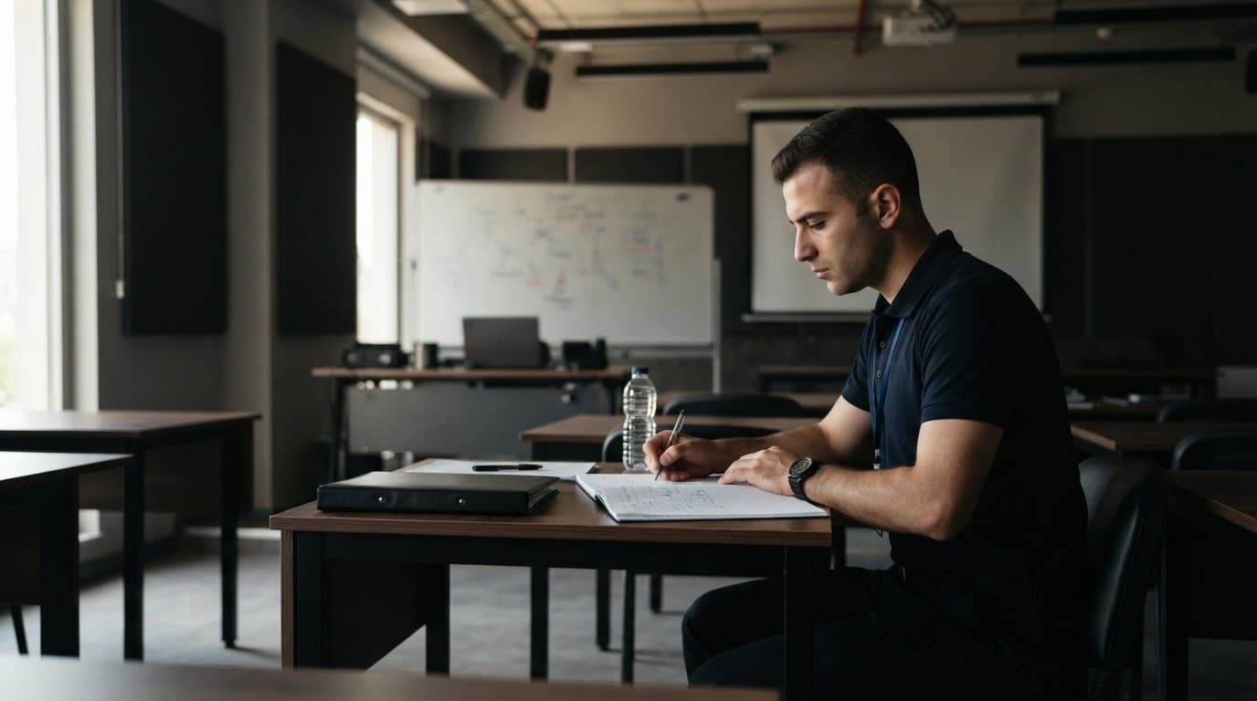 Bir yetişkin güvenlik stajyeri, defter ve eğitim materyalleriyle sınıfta oturuyor.