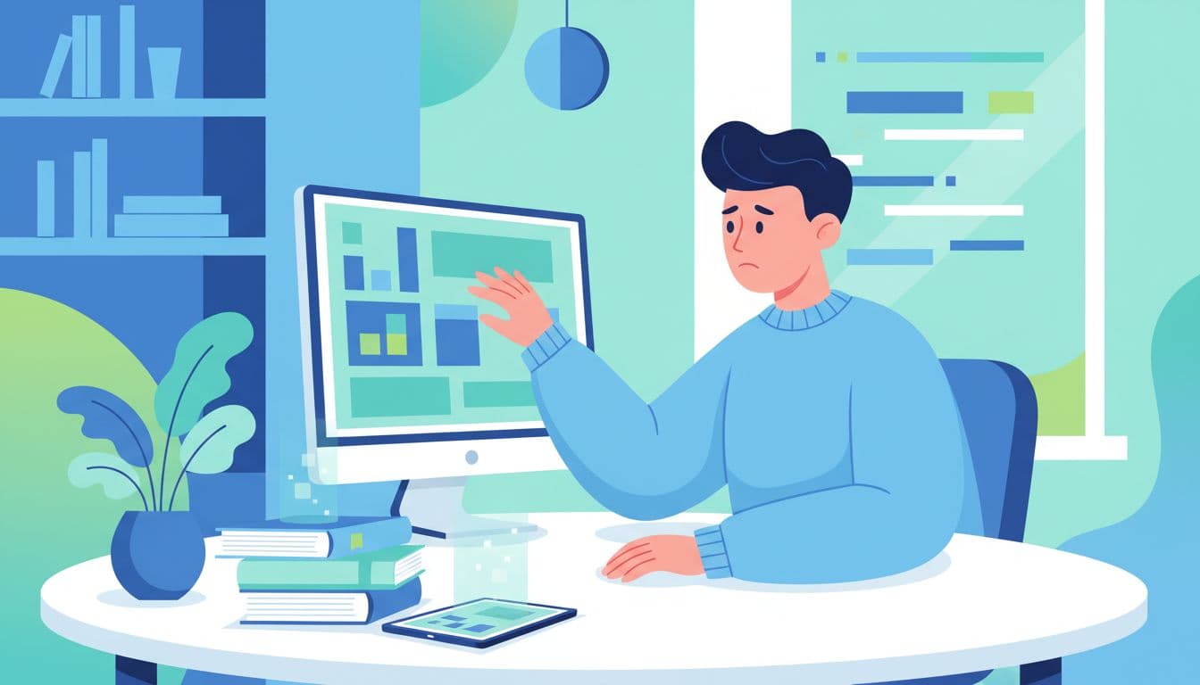 Person in home office thoughtfully checks computer screen and nearby sources.