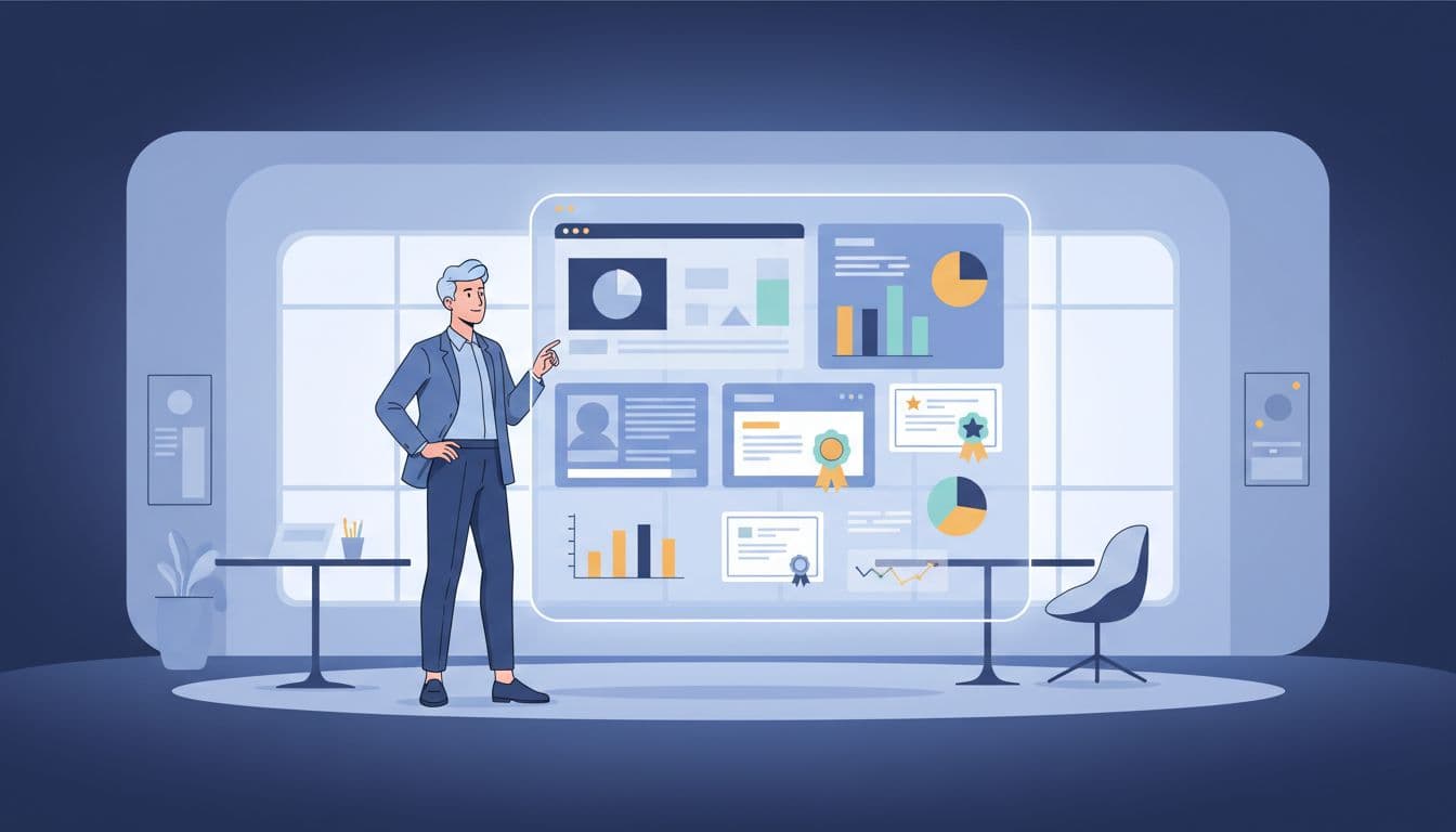 Professional stands relaxed near digital board with project screenshots, charts, and certificates in creative studio.