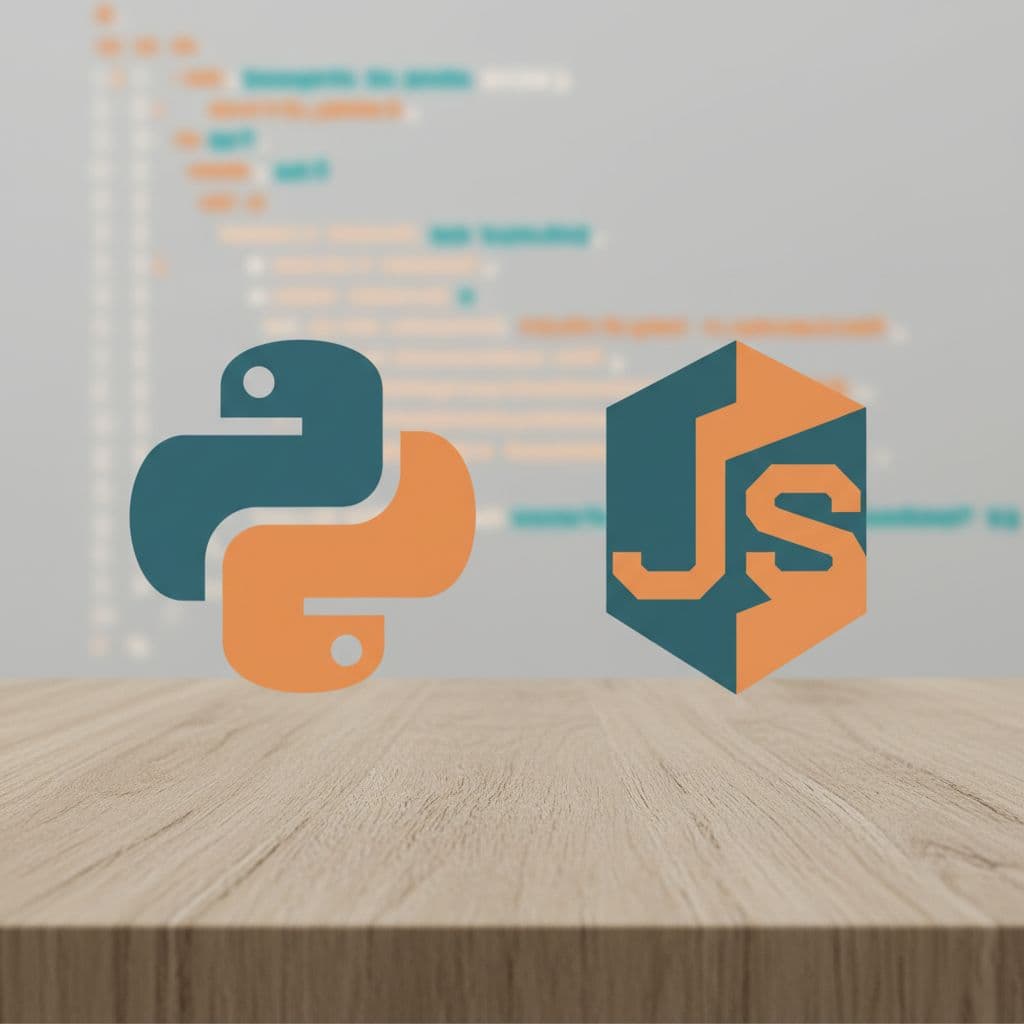 Python snake logo and JavaScript emblem side-by-side on wooden table with faint blurred code lines background.