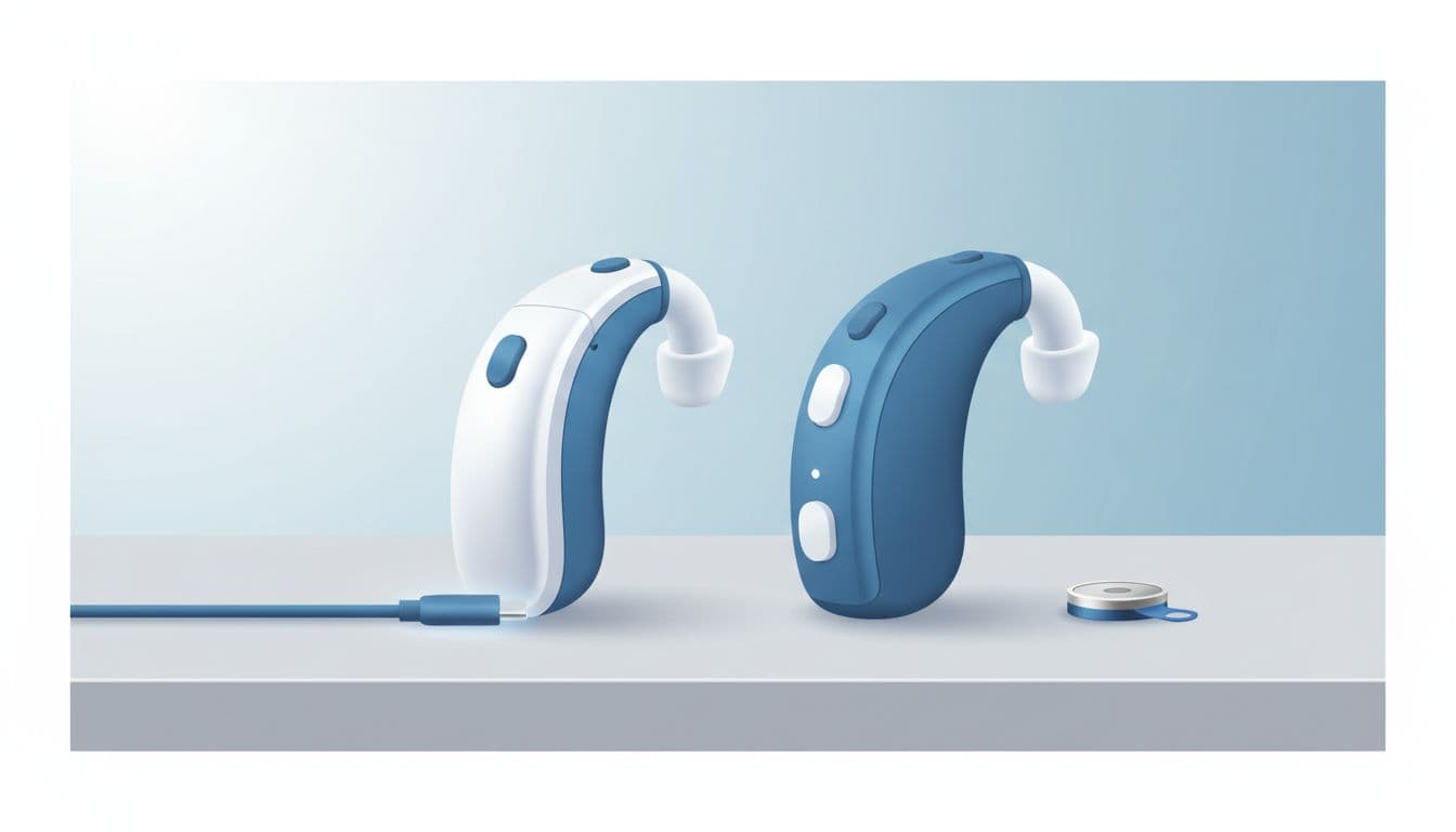 Rechargeable hearing aid with USB cable and battery-powered one with small battery sit side by side on a neutral table.