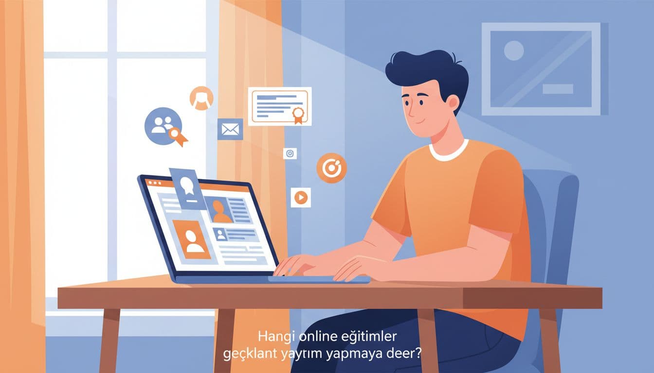 Person in cozy home office selects online courses on angled laptop screen, surrounded by floating certificates and project icons.