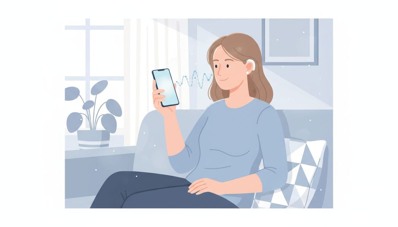 Relaxed person holds smartphone near ear with hearing aid in home, subtle Bluetooth link visible.