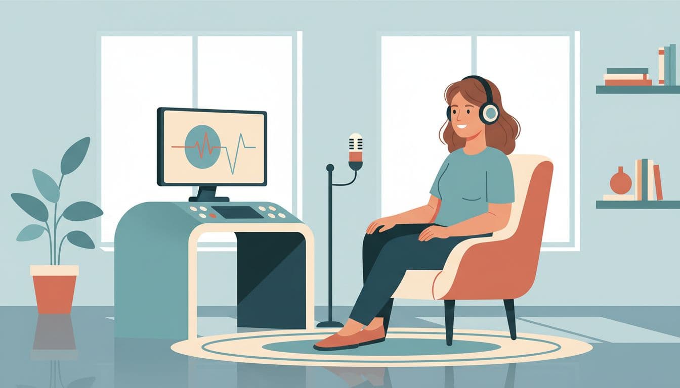 Modern illustration of a relaxed, smiling person in a professional clinic undergoing a hearing test with audiologist equipment, using clean shapes and soft blues with earth tones to convey a positive experience.