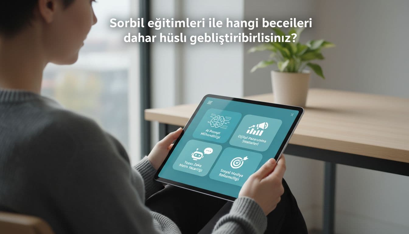 Professional holds tablet showing Sorbil course thumbnails for AI prompt engineering and digital marketing in modern workspace.
