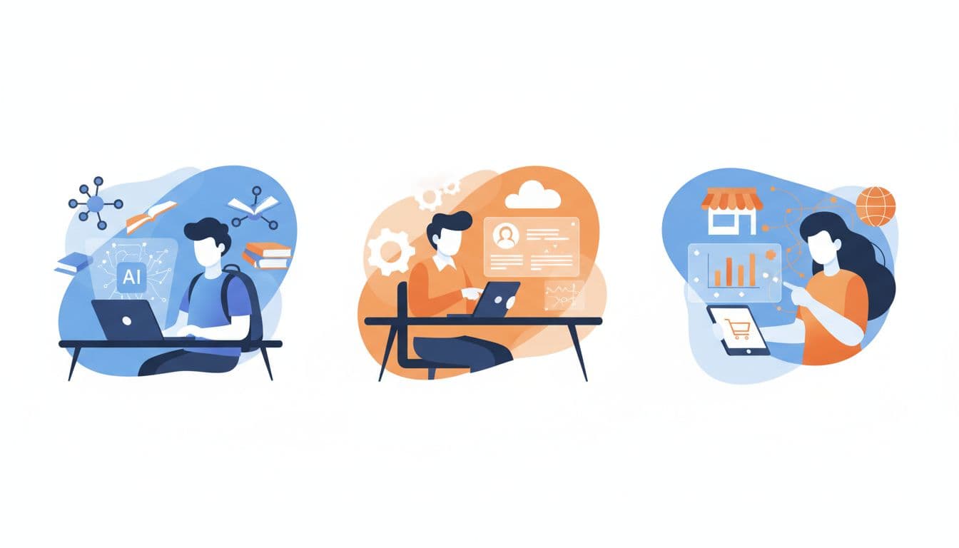 Student, employee, and small business owner use devices in separate vignettes.