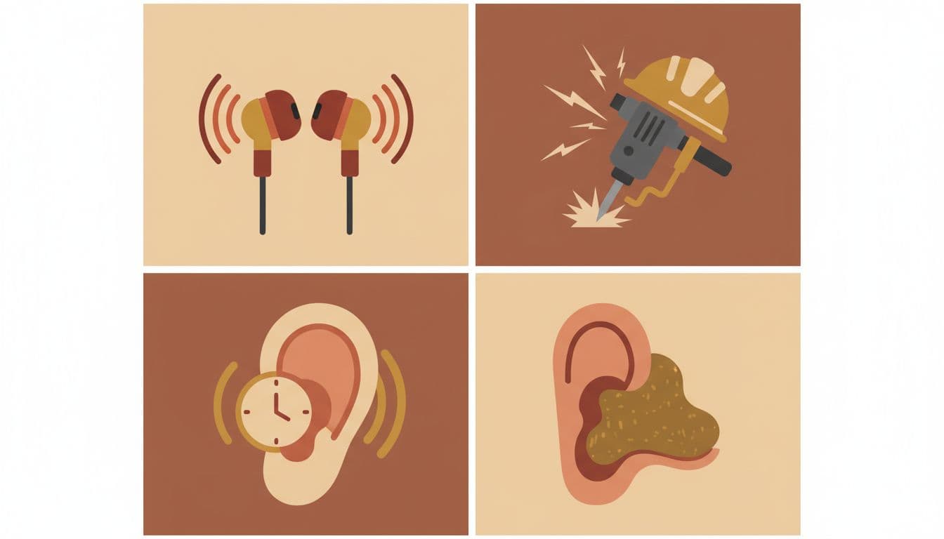 Modern illustration of everyday tinnitus causes: high-volume earbuds, construction noise, aging ear, and earwax buildup in a four-scene grid with clean shapes and warm earth tones.