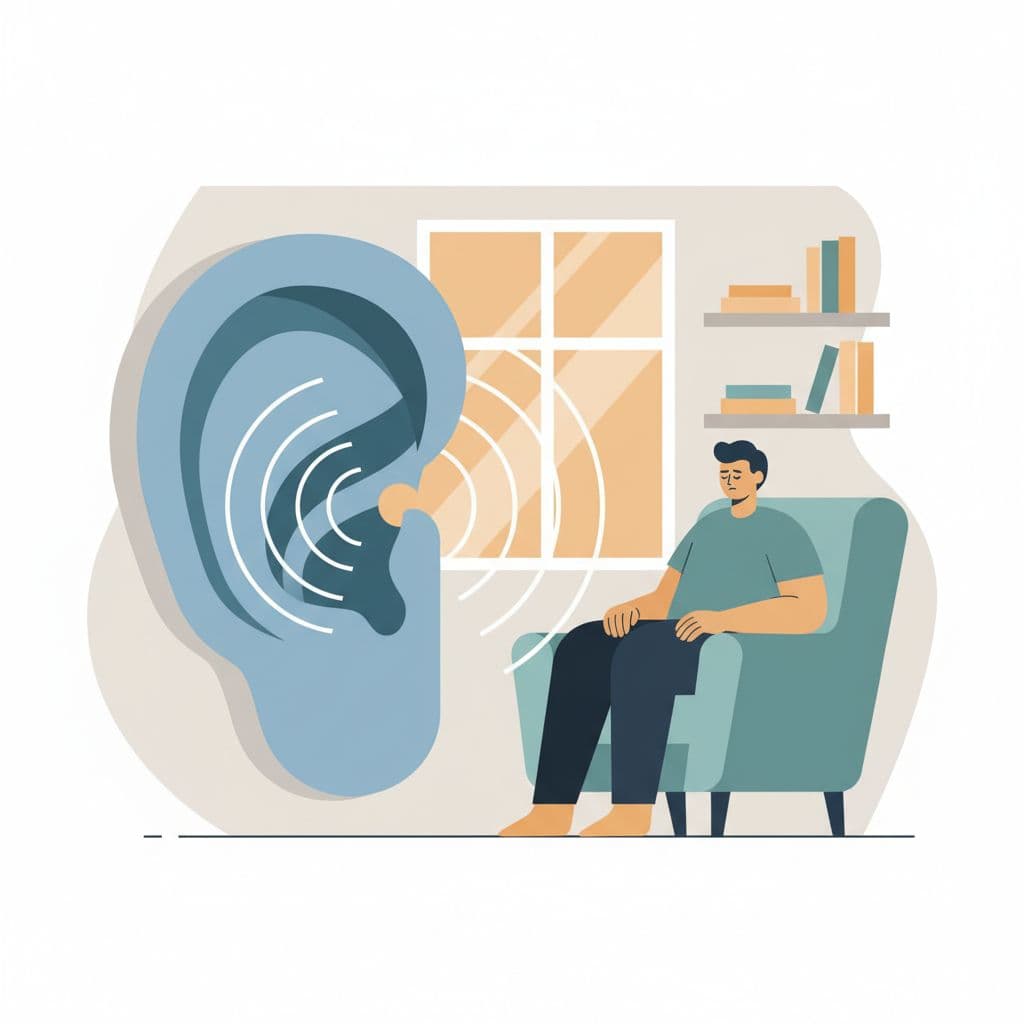 Modern illustration in soft blues and earth tones showing an ear with emanating ringing sound waves and a nearby tired person in a home setting.