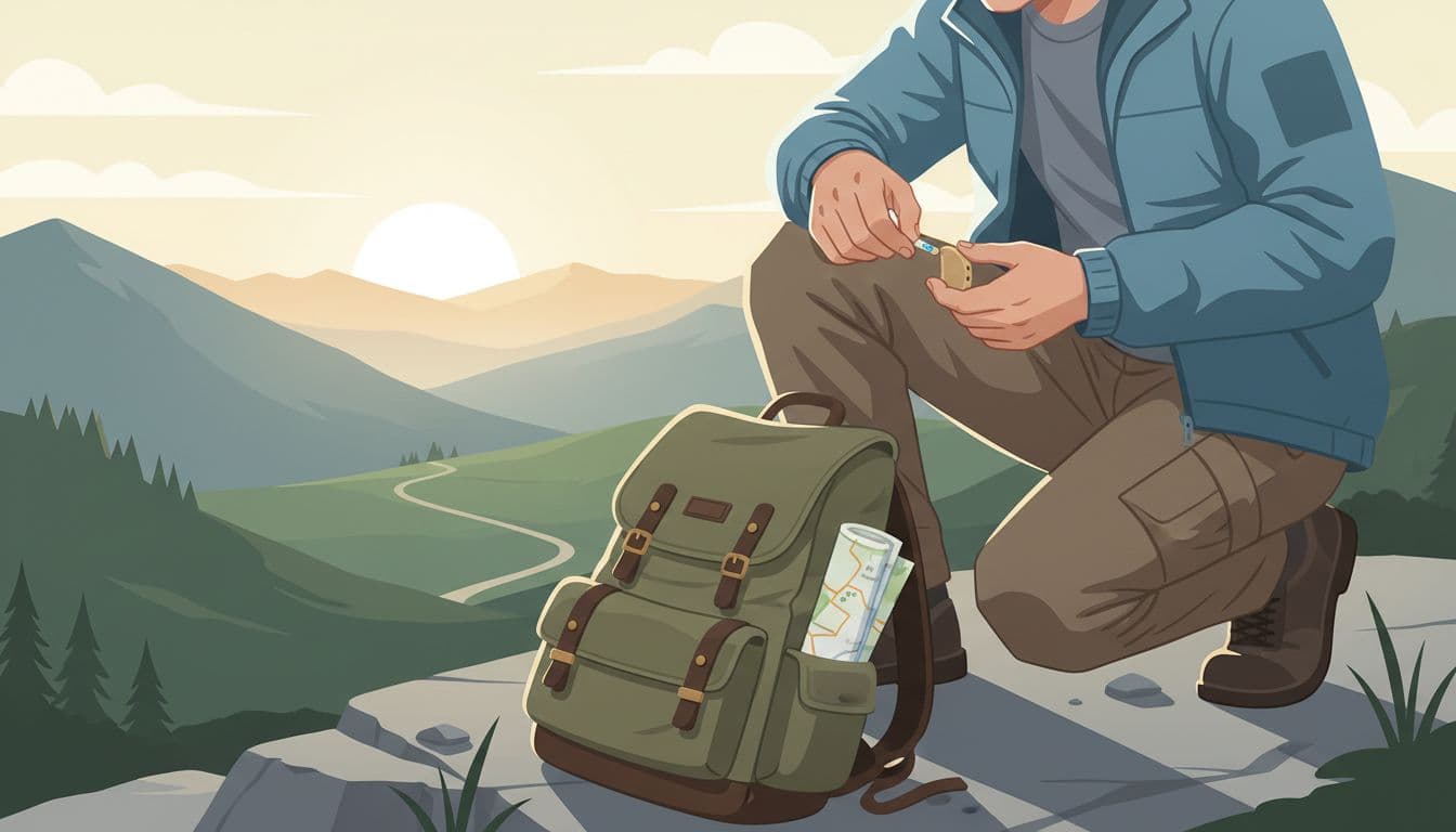 Traveler outdoors swaps batteries in hearing aid with relaxed hands, backpack and map behind.