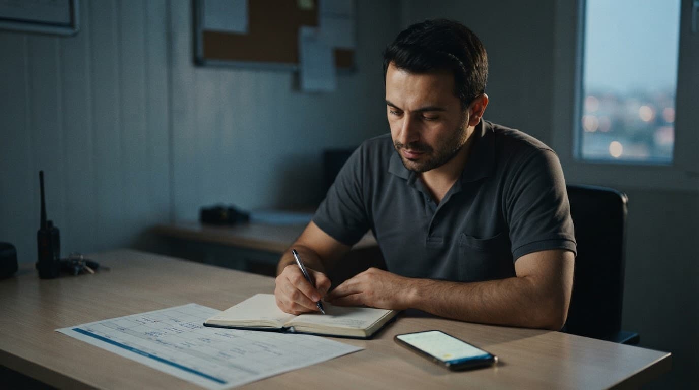 Bir çalışan, vardiya takvimi ve telefon bulunan düzenli bir masada oturuyor.