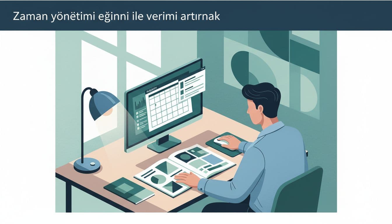Worker at desk with planner and computer, hands on priority lists and calendar.