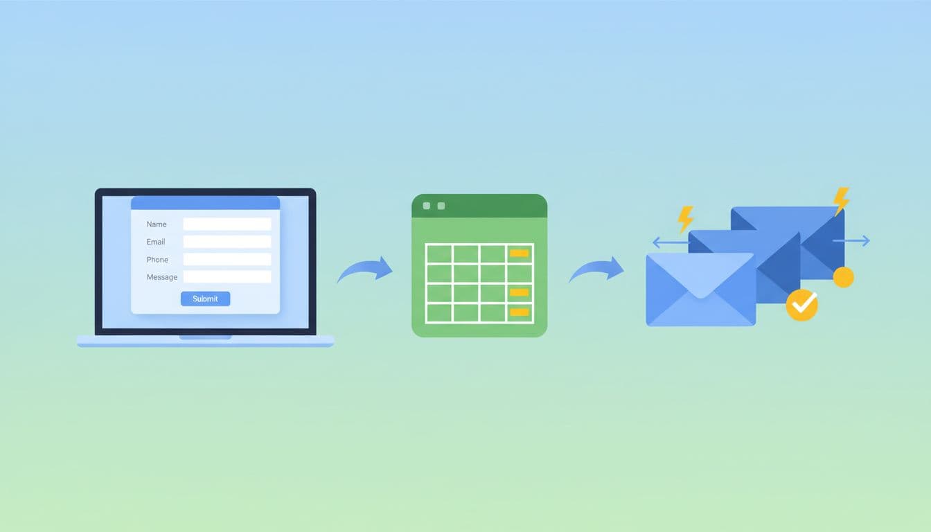 Clean, modern flat-style vector illustration showing a laptop with a dentist office new patient inquiry form, arrow to Google Sheets icon filling a row, and sequence to email envelope, using blues, greens, and yellow accents.