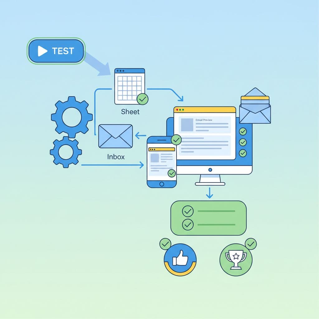 Clean, modern flat-style illustration depicting the testing of an email automation system with icons for checklists, email previews on phone and computer, green checkmarks, gears, inbox, and a flow from test button to success notifications in blues, greens, and yellow highlights.