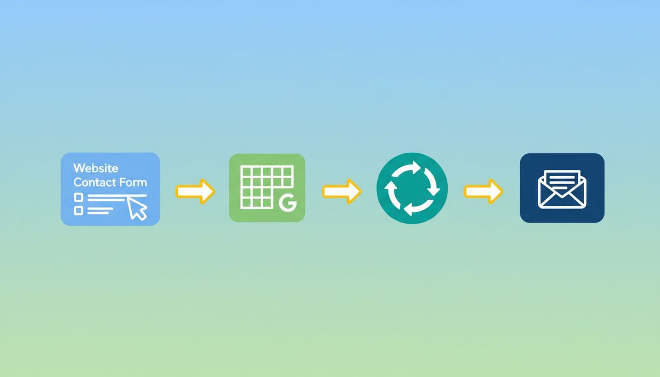 Clean, modern flat-style illustration depicting a simple email automation workflow for local businesses, from website contact form to Google Sheet, automation tool, and email inbox with arrows showing the flow.