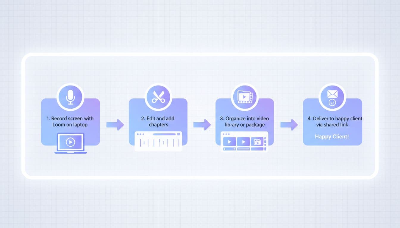 Workflow diagram from recording Loom videos to delivering tutorials to clients, minimal SaaS-style illustration