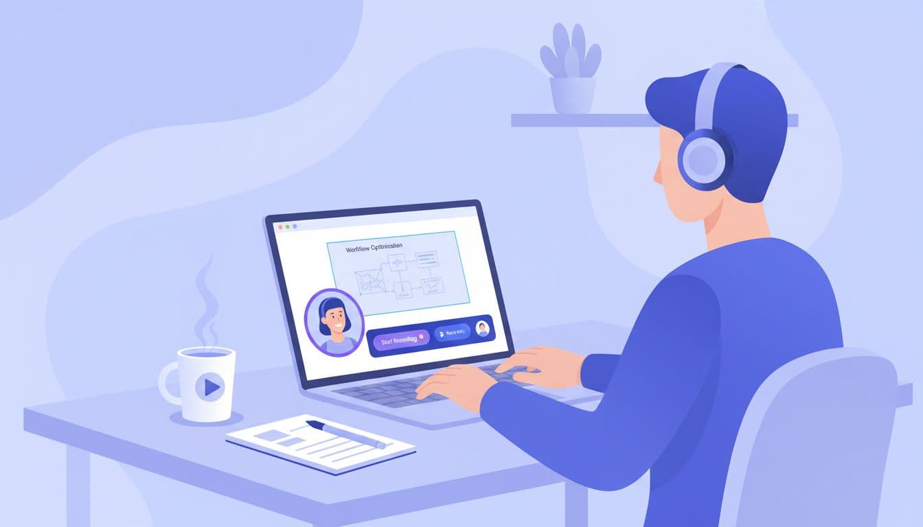 Solo creator recording a screen tutorial on a laptop in a home office, flat SaaS-style illustration