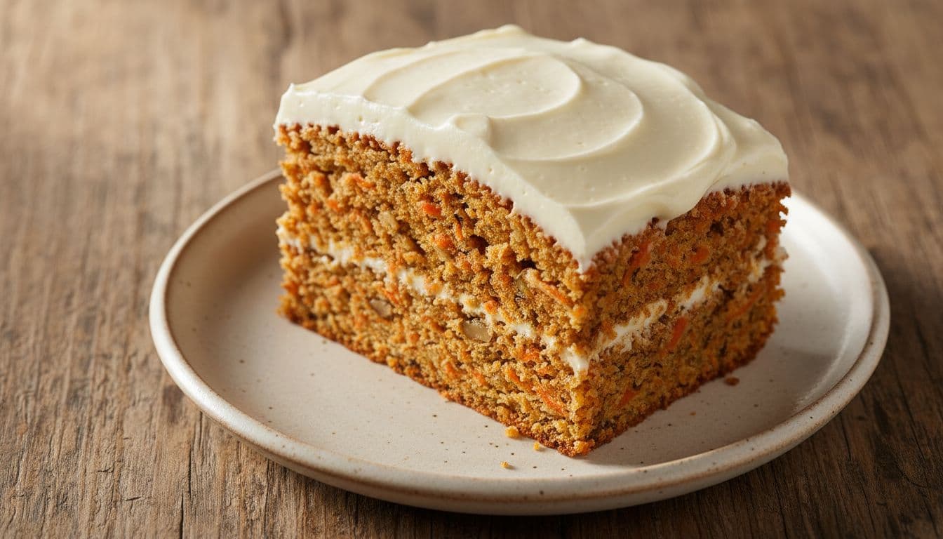 A single slice of spiced carrot cake with walnuts and cream cheese frosting sits on a plate.