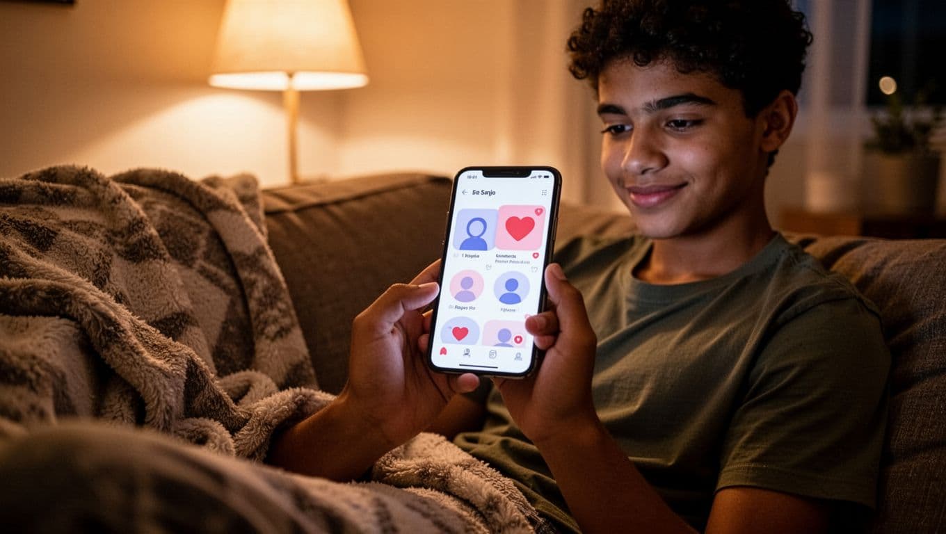 Young Brazilian person uses smartphone in cozy home at night, screen displaying international dating profiles.