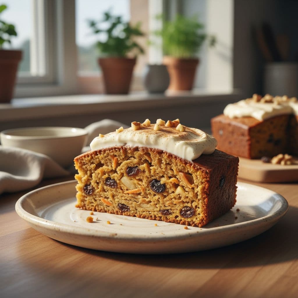 A rustic slice of carrot and apple cake served on a ceramic plate.