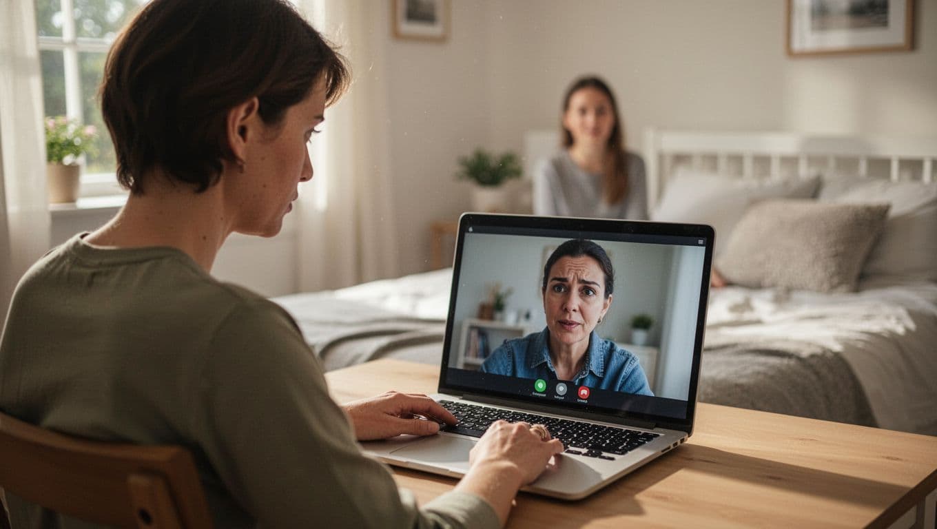 Person with cautious yet interested expression on laptop video call in bright room, partner blurred on screen.