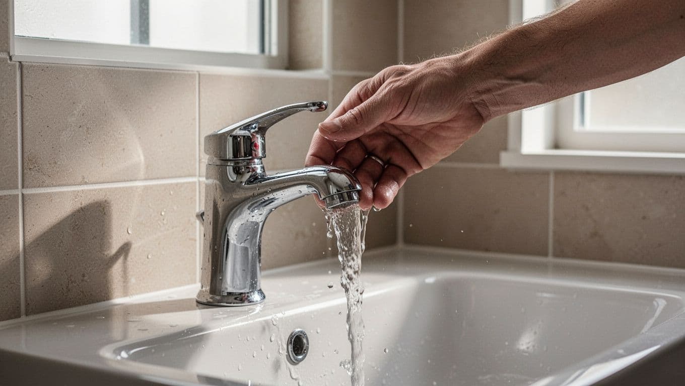 A person tests the water flow from a residential bathroom sink faucet with their hand.