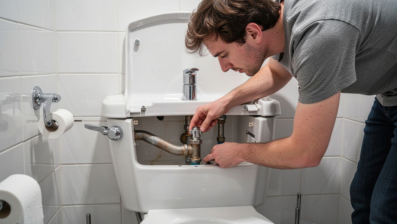 A person inspects the interior water valve and pipes inside an open toilet tank.