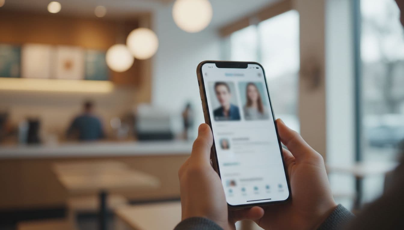 Close-up of hands holding a smartphone displaying blurred profile cards in a bright cafe setting.